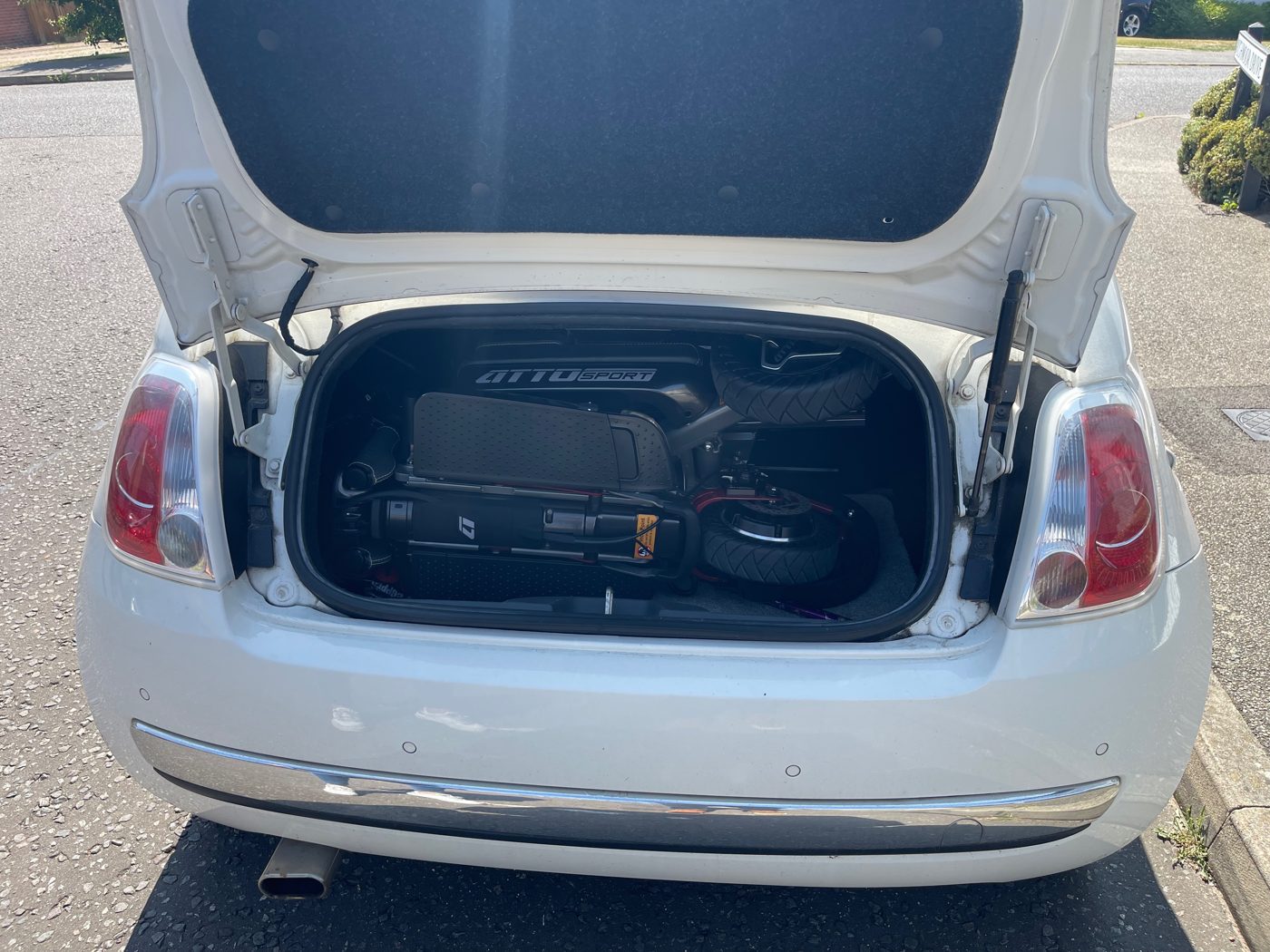 ATTO folding mobility scooter in the boot of a Fiat 500C convertible - one of the smallest boots we have tested